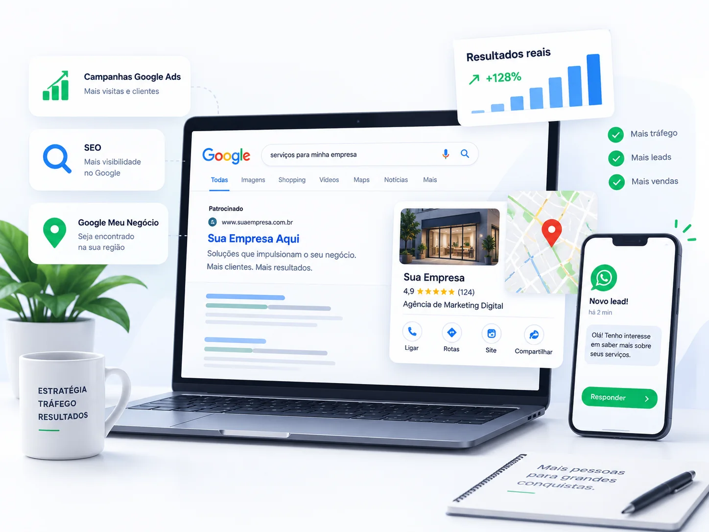 Estrat\u00e9gia de SEO, Google Ads e tr\u00e1fego digital para aumentar a presen\u00e7a da empresa no Google